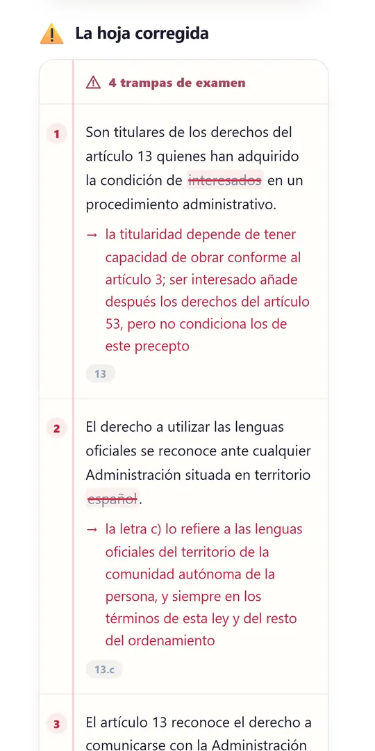 La hoja corregida: frases de examen tachadas y corregidas en rojo