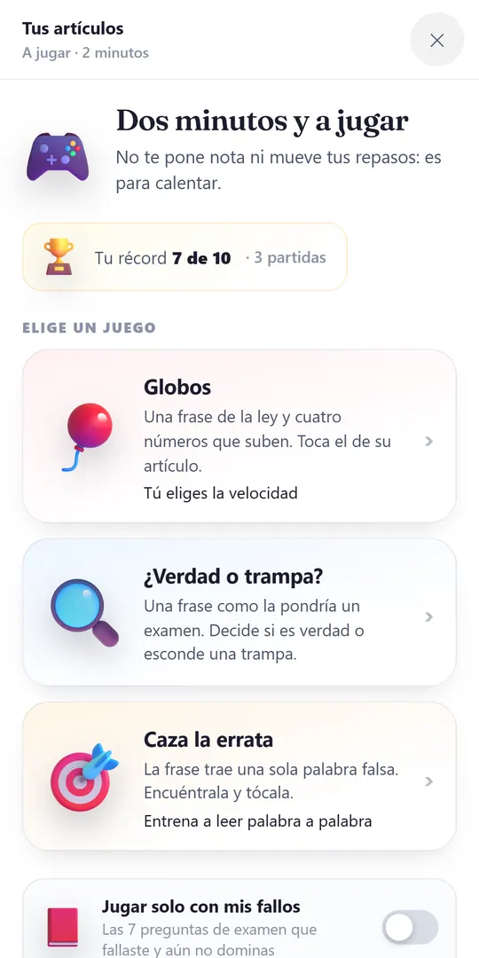 El menú de minijuegos: Globos, ¿Verdad o trampa? y Caza la errata
