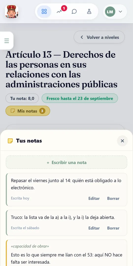 El panel de notas de un artículo, con tres notas